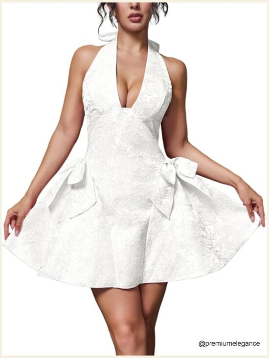 Dresses & Skirts - Halter V-Neck Mini Dress, Jacquard Bow A-Line, Prom Formal